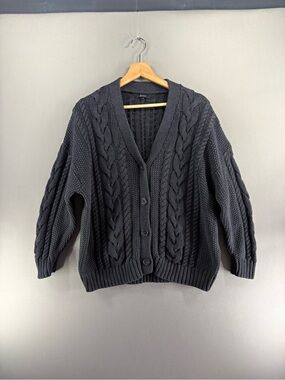 Quince 100% Organic Cotton Oversized Cable Knit Cardigan Charcoal Size Small